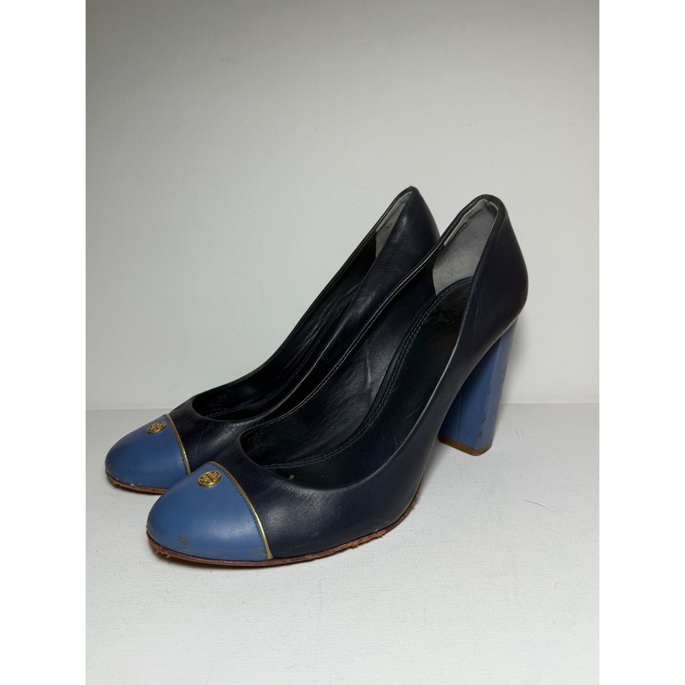 Tory Burch Block heel Rounded Toe Sz 8M Black Blue Gold Emblem FAIR